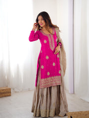 Elegant Chinon Silk 3-Piece Sharara Set with Pearl & Sequence Embroideryl