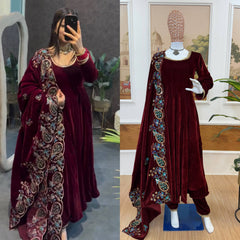 3 PIECE EMBROIDERED GOWN ON VELVET FABRIC WITH HEAVY DUPATTA WORK