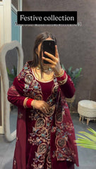 3 PIECE EMBROIDERED GOWN ON VELVET FABRIC WITH HEAVY DUPATTA WORK