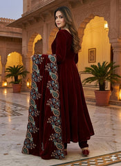 3 PIECE EMBROIDERED GOWN ON VELVET FABRIC WITH HEAVY DUPATTA WORK