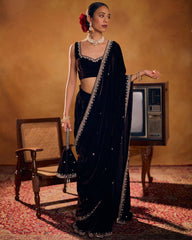 SPECIAL WEDDING SUPERHIT TRENDING VELVET SAREE WITH EMBROIDERED AND FANCY LACE BORDER WITH STITCHE BLOUSE
