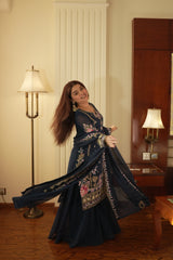 Luxury Indigo Gold Gown with Pant Set – Statement Designer Wear