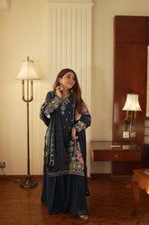 Luxury Indigo Gold Gown with Pant Set – Statement Designer Wear