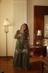 Designer Printed Chinon Kurti with Sharara & Embroidered Dupatta Set