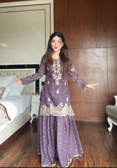 Designer Printed Chinon Kurti with Sharara & Embroidered Dupatta Set