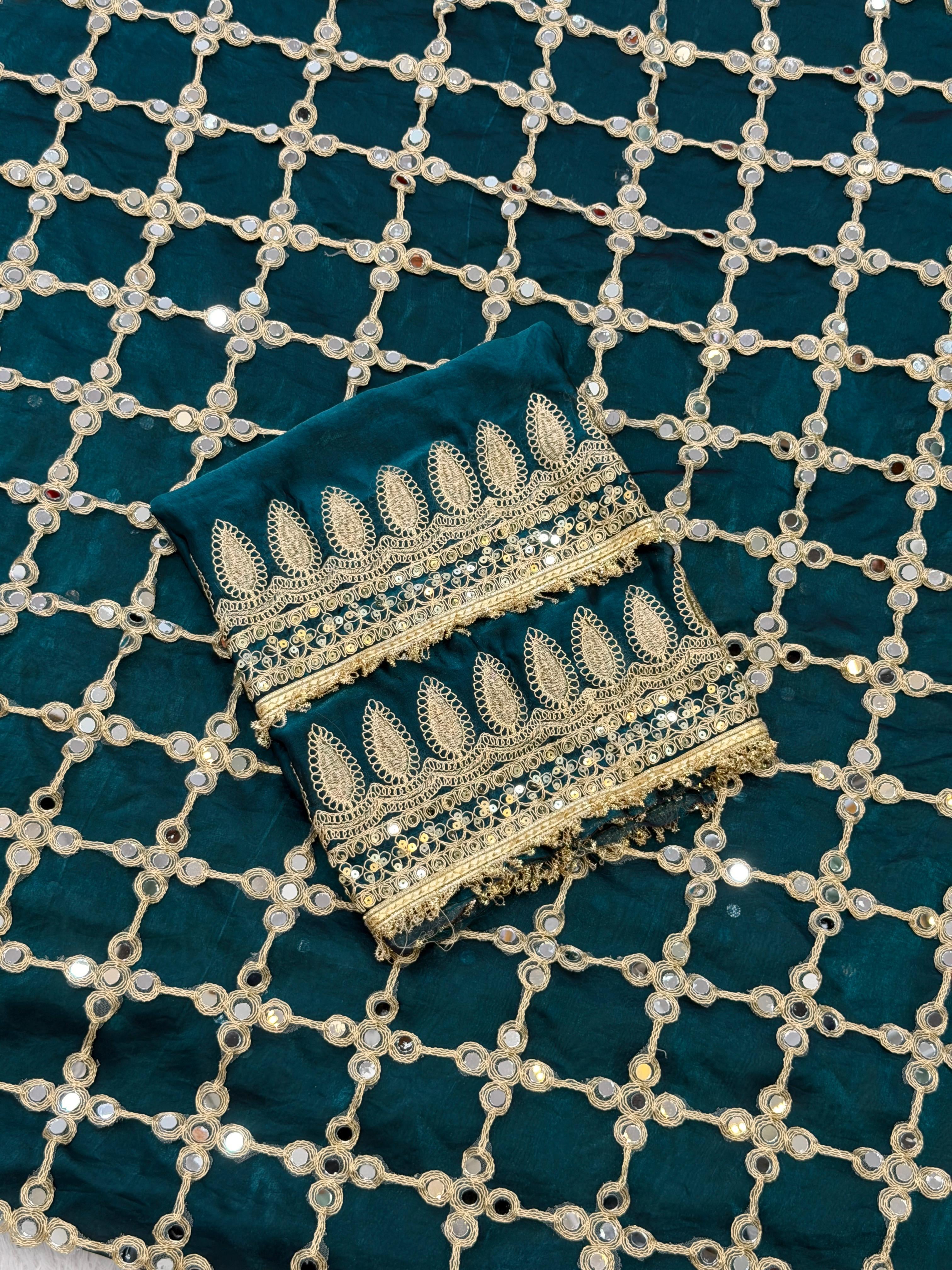 Luxury Real Mirror Work Fendy Silk Saree with Blouse for Women