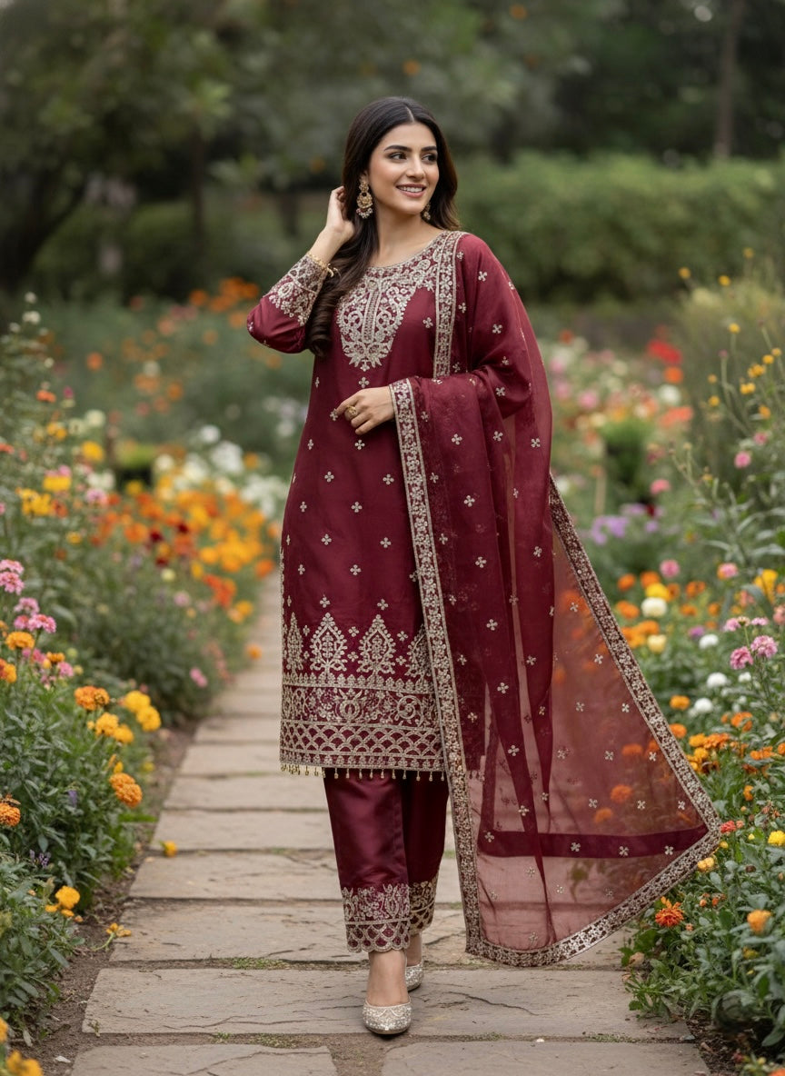 Designer GMY Silk Top Bottom Dupatta Set with Heavy Embroidery Sequence Work