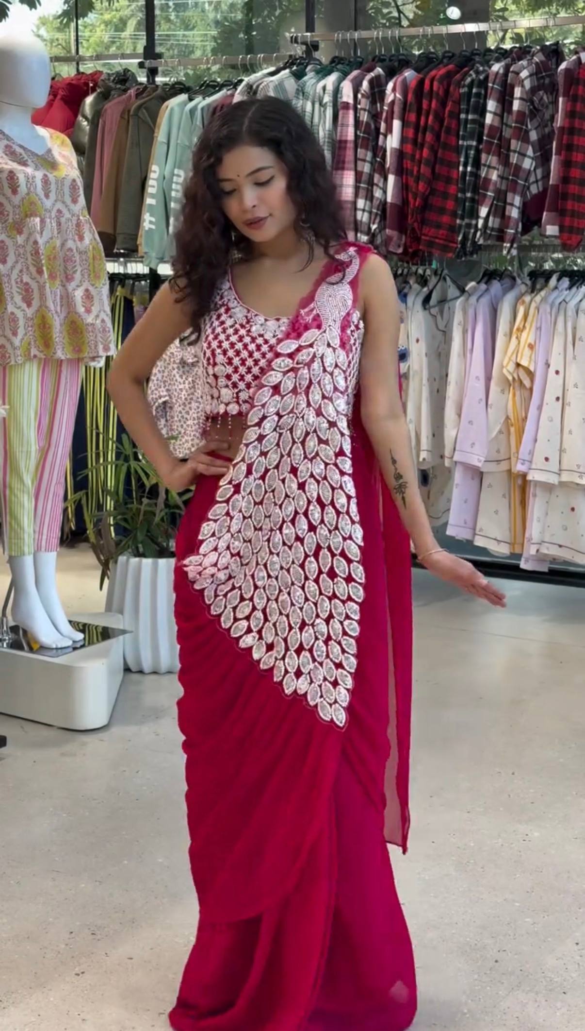 Premium Party Wear Drape Saree with Fully Stitched Embroidered Blouse
