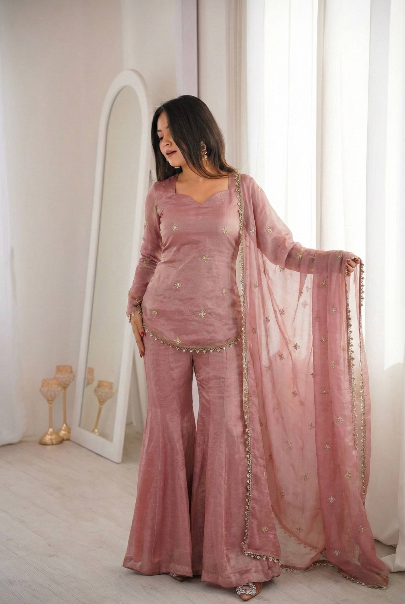 Designer Fendy Silk Top Sharara Palazzo Dupatta Set with Embroidery Sequence Work
