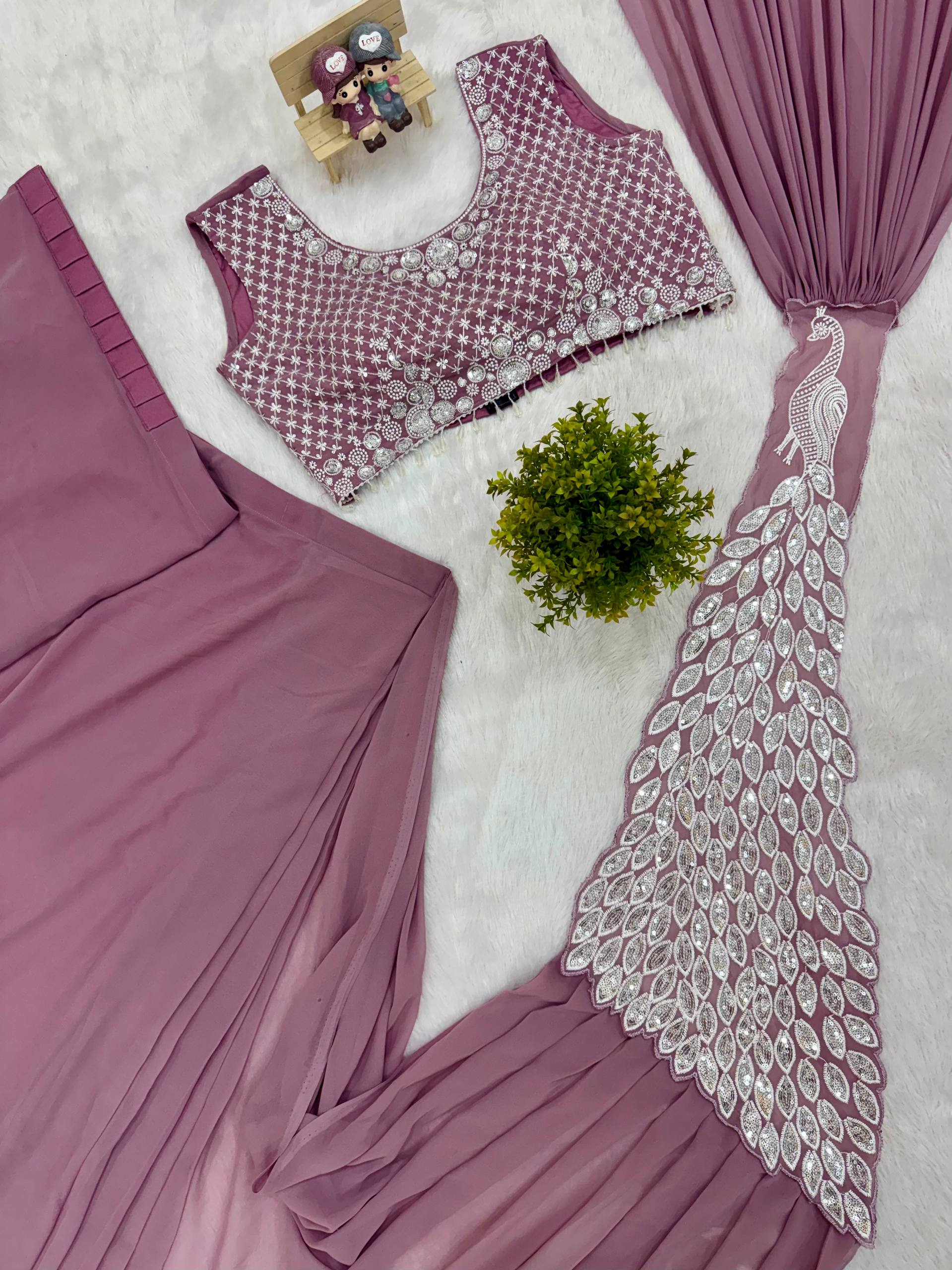 Premium Party Wear Drape Saree with Fully Stitched Embroidered Blouse
