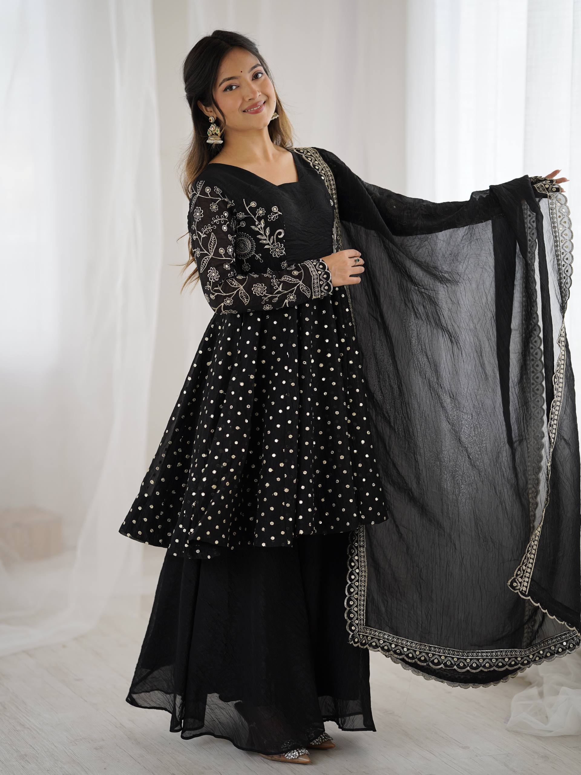 Designer Crunchy Silk Top Sharara Dupatta Set with Heavy Embroidery | Party & Wedding Wear Ethnic Outfit