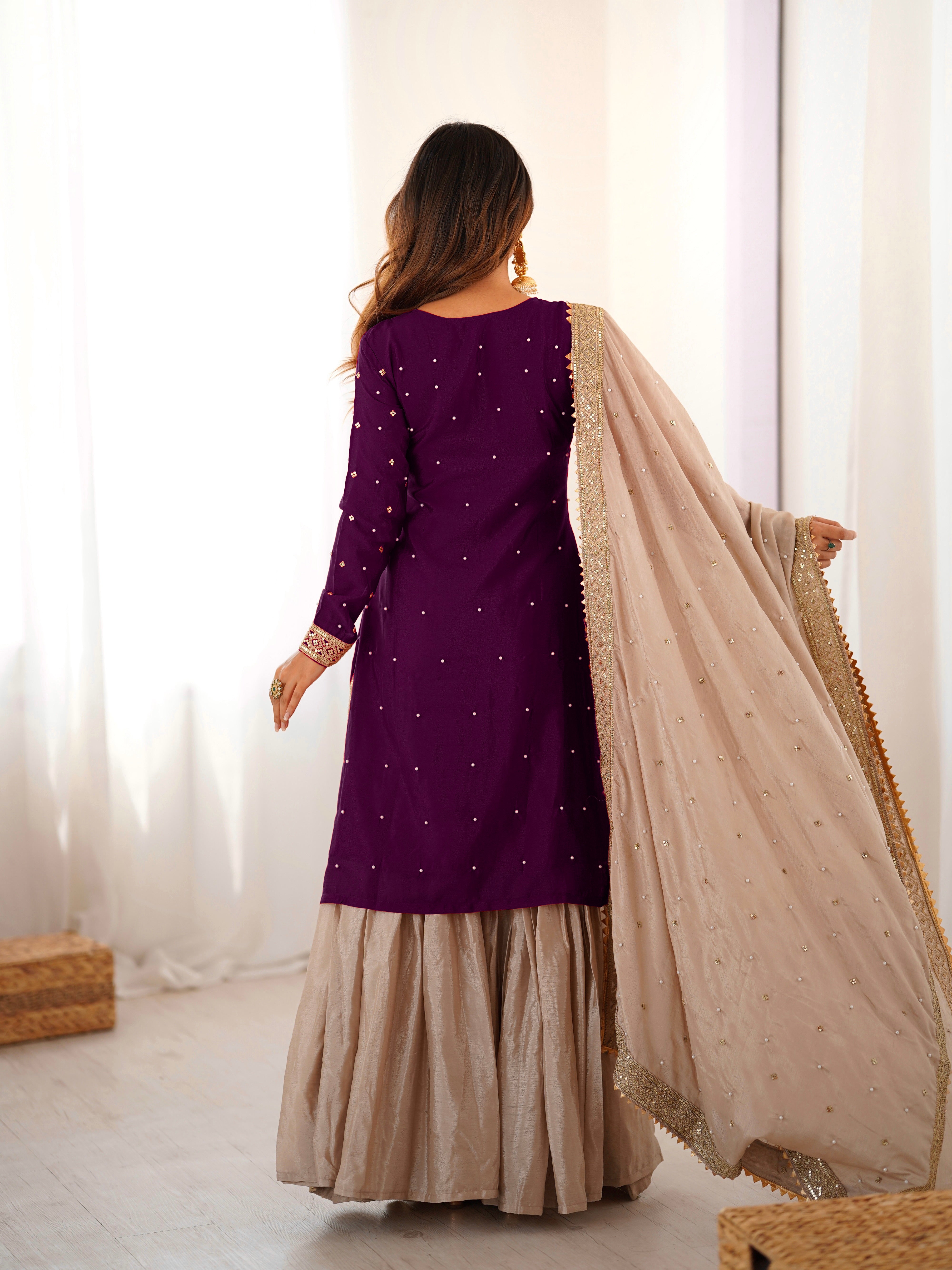 Elegant Chinon Silk 3-Piece Sharara Set with Pearl & Sequence Embroideryl