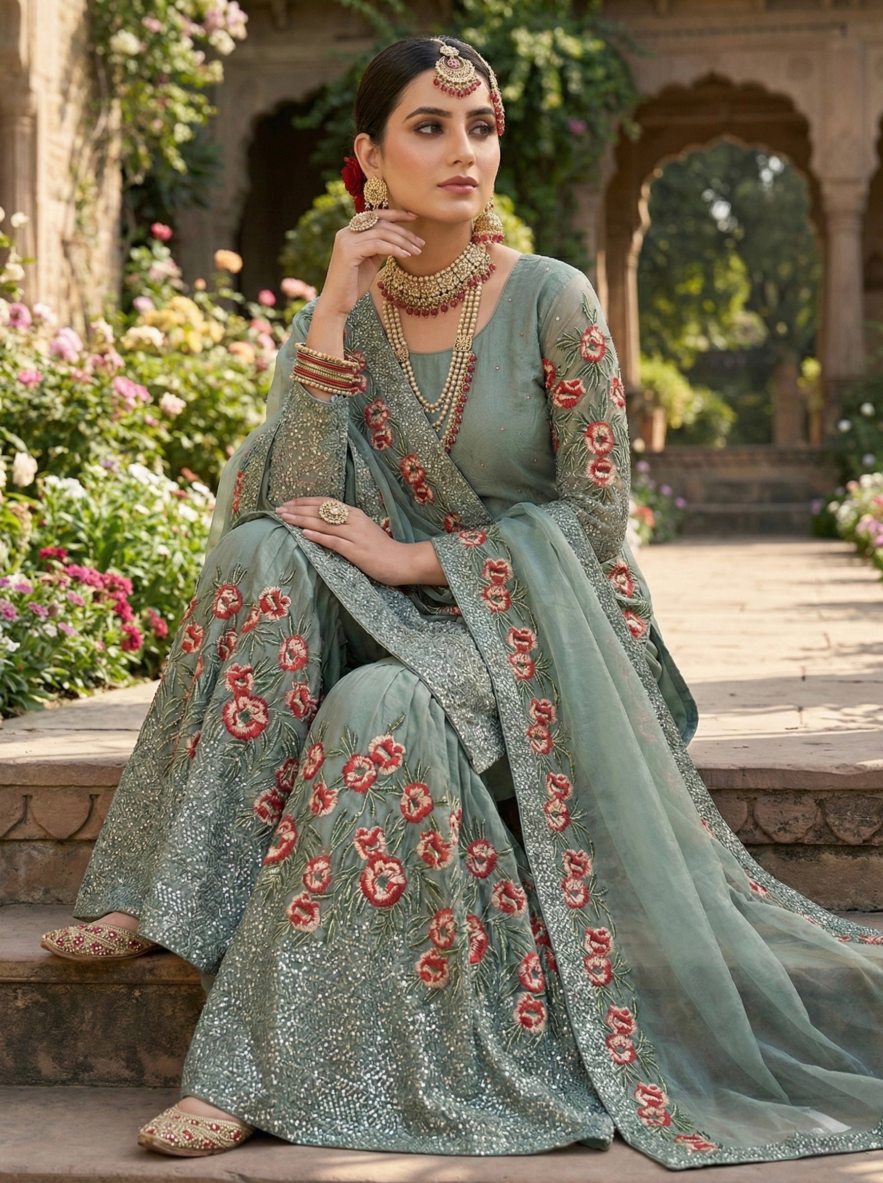 Designer Fendy Silk Top Sharara Dupatta Set with Handwork & Embroidery | Party & Wedding Wear Outfit
