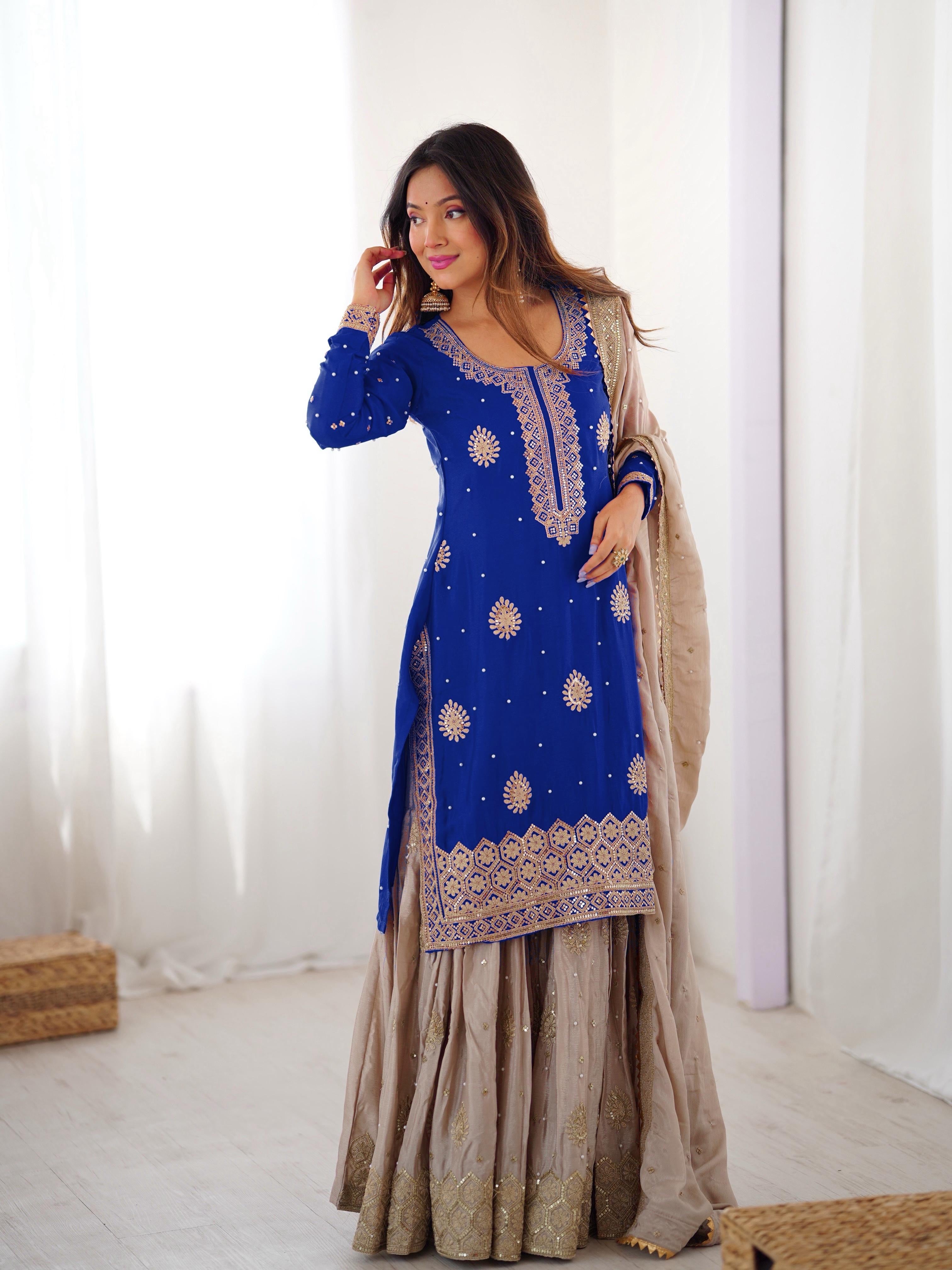 Elegant Chinon Silk 3-Piece Sharara Set with Pearl & Sequence Embroideryl