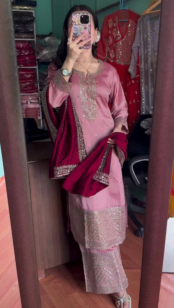 Festival Wear Chinon Top Bottom Dupatta Set with Heavy Embroidery Sequence Work
