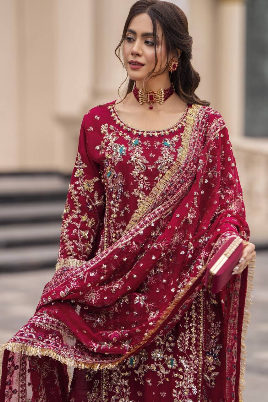 Heavy Embroidery Sequence Work Suit Set | Faux Georgette Kurta Palazzo Dupatta