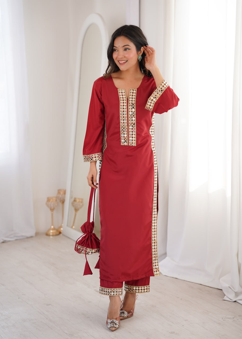 Premium Mirror Work Kurti Pant Set with Designer Batwa for Women