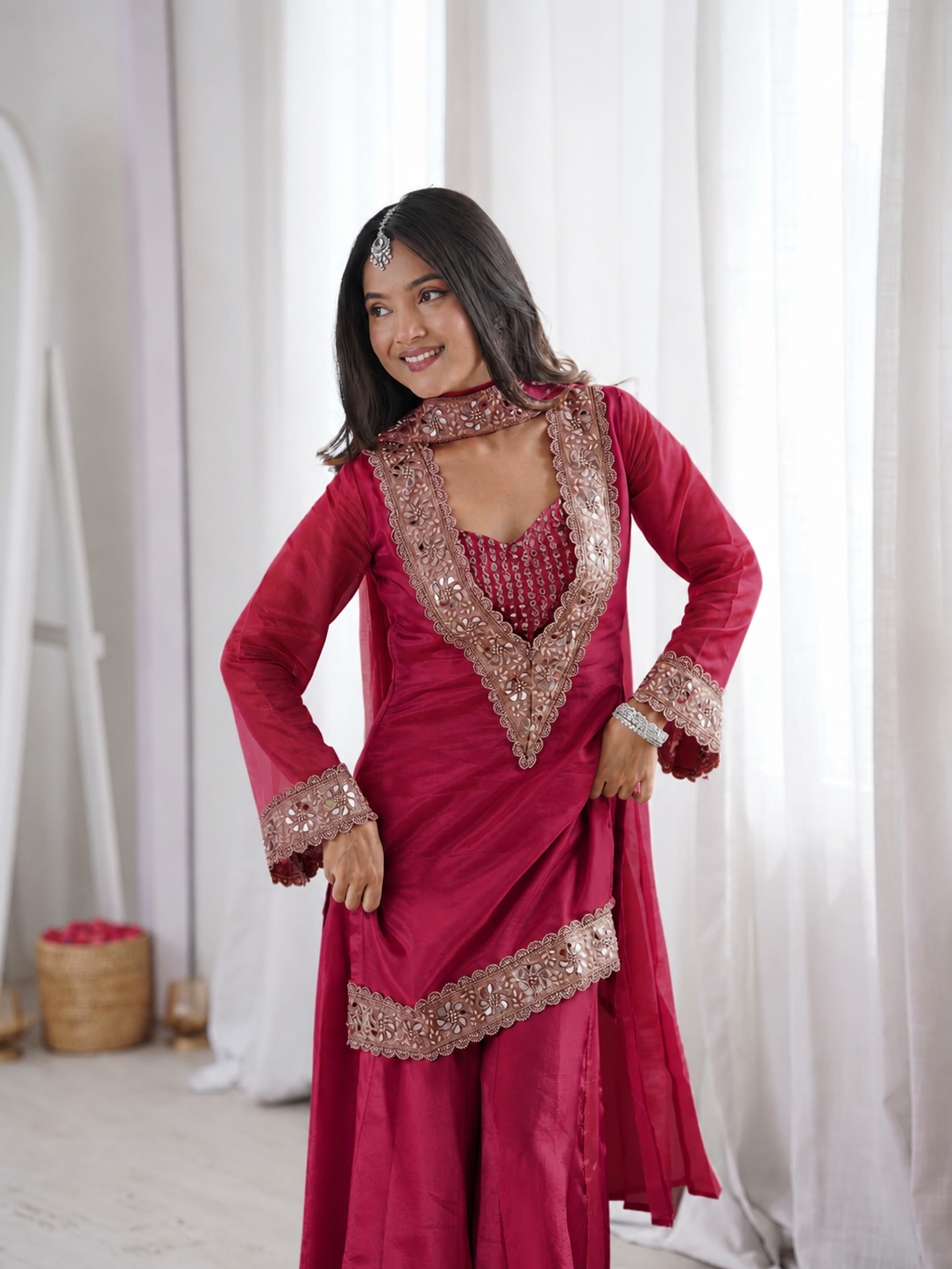Premium Chinon 4-Piece Sharara Set with Original Mirror and Moti Work