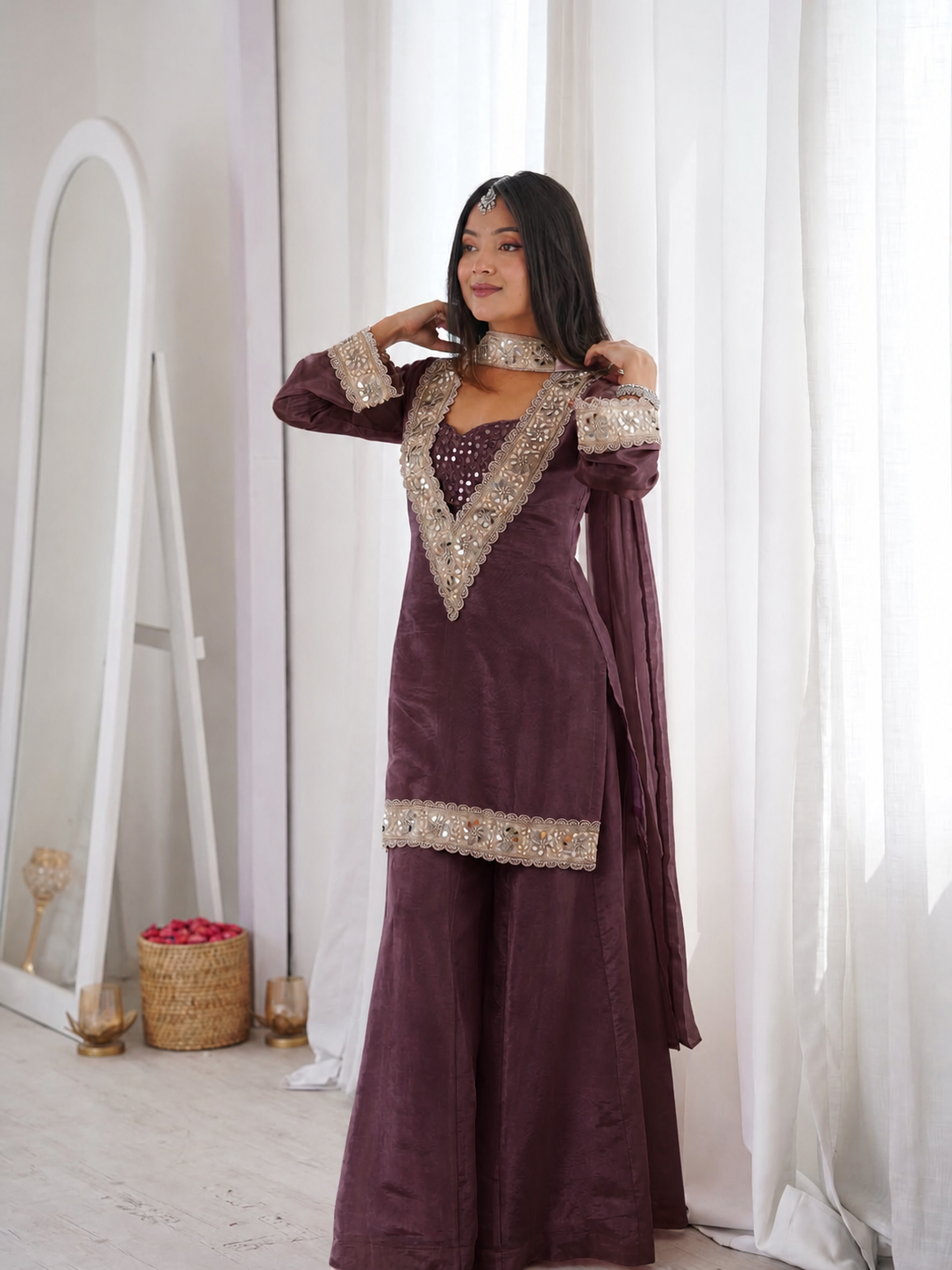Premium Chinon 4-Piece Sharara Set with Original Mirror and Moti Work