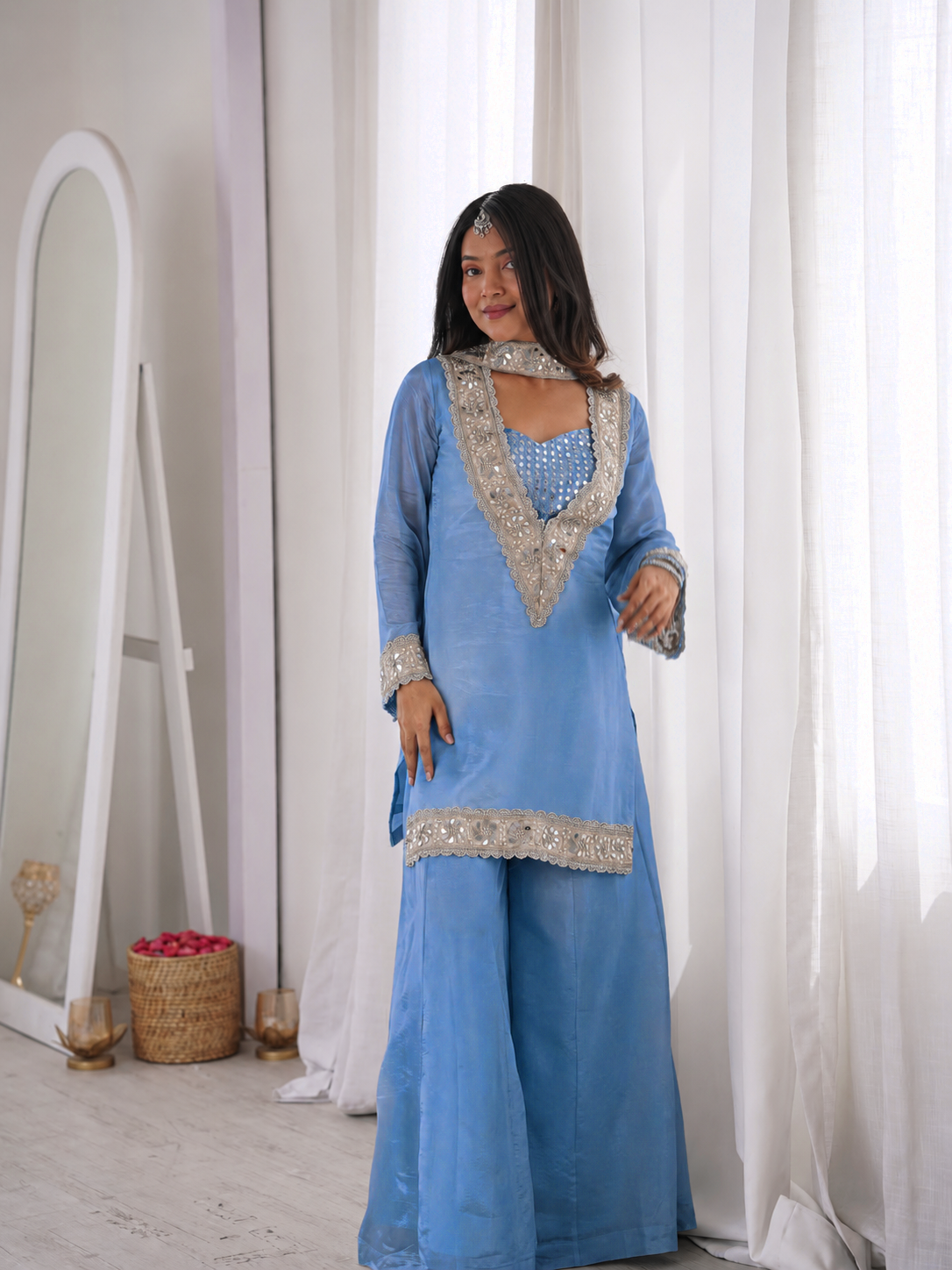 Premium Chinon 4-Piece Sharara Set with Original Mirror and Moti Work