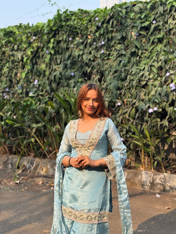 Premium Chinon 4-Piece Sharara Set with Original Mirror and Moti Work