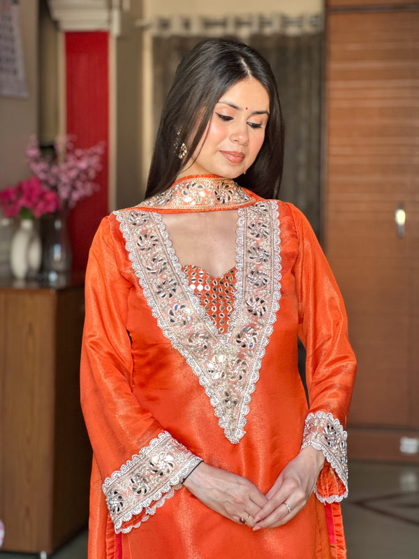 Premium Chinon 4-Piece Sharara Set with Original Mirror and Moti Work