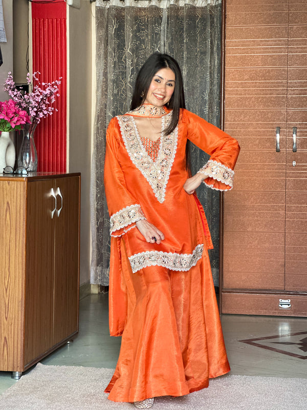 Premium Chinon 4-Piece Sharara Set with Original Mirror and Moti Work