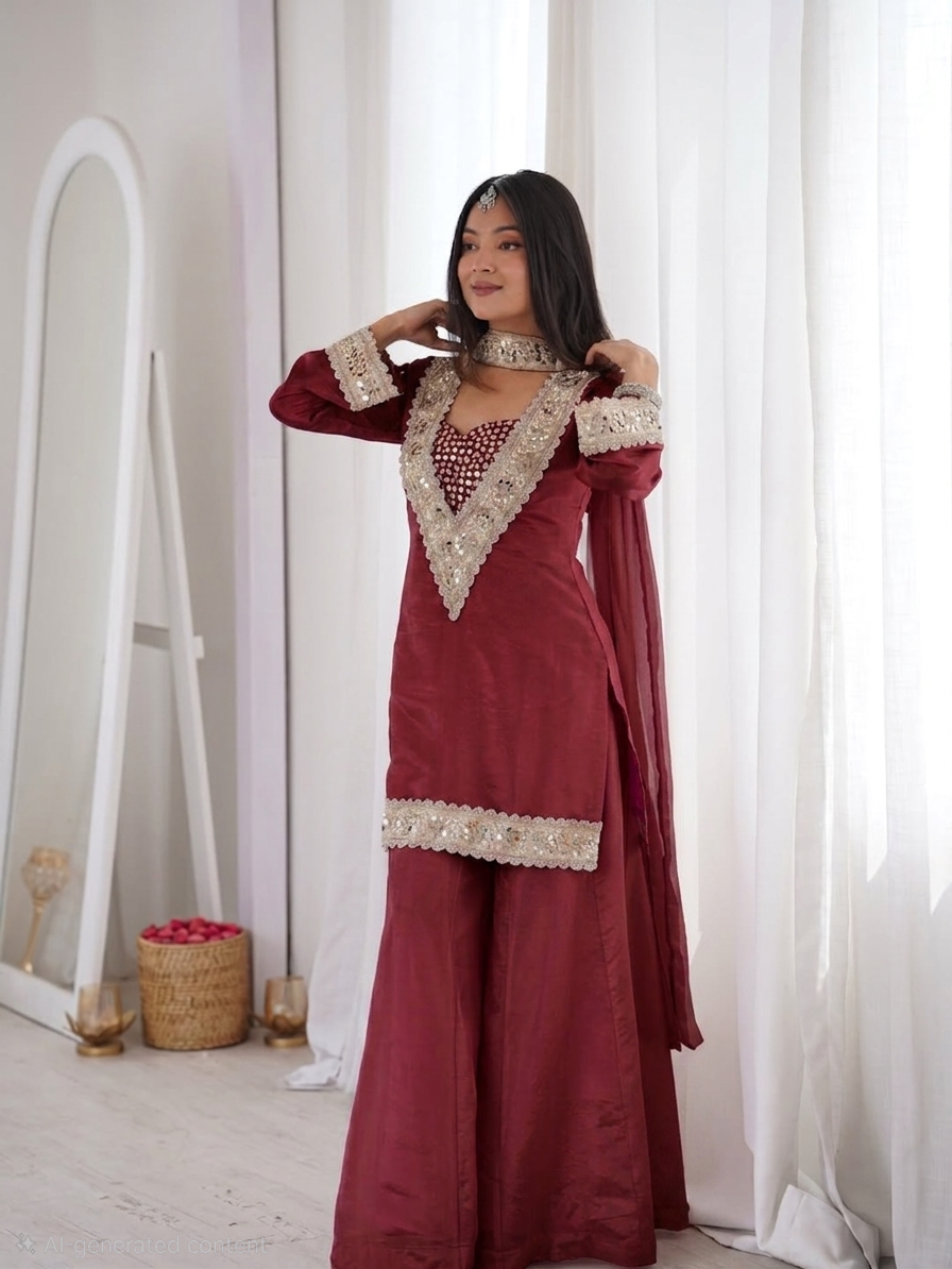 Premium Chinon 4-Piece Sharara Set with Original Mirror and Moti Work