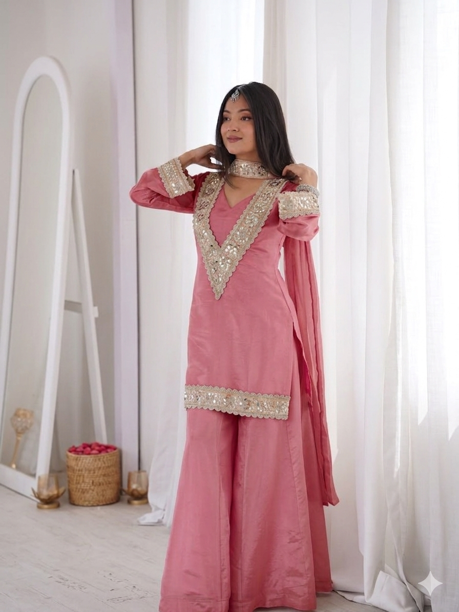 Premium Chinon 4-Piece Sharara Set with Original Mirror and Moti Work