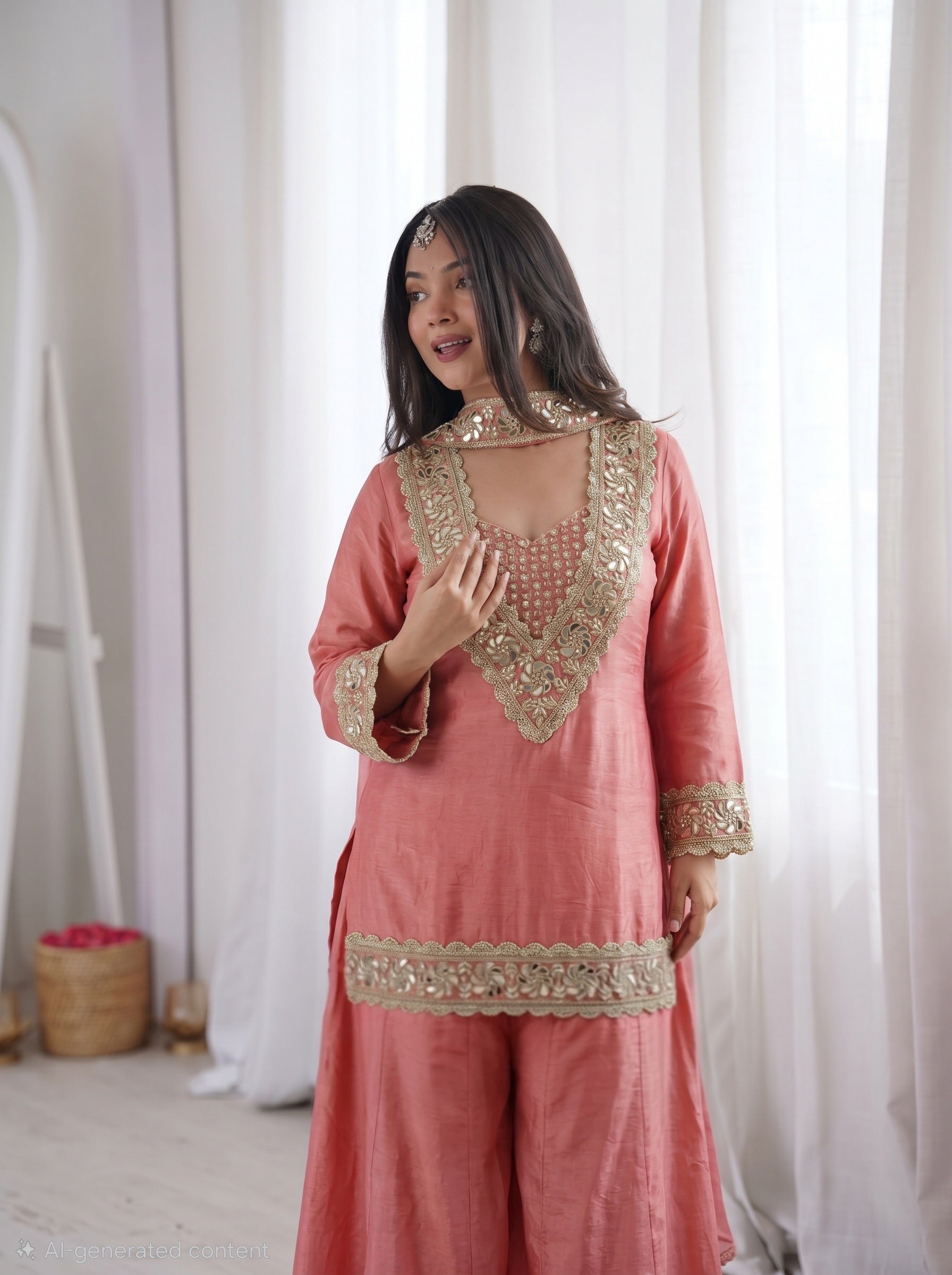 Premium Chinon 4-Piece Sharara Set with Original Mirror and Moti Work