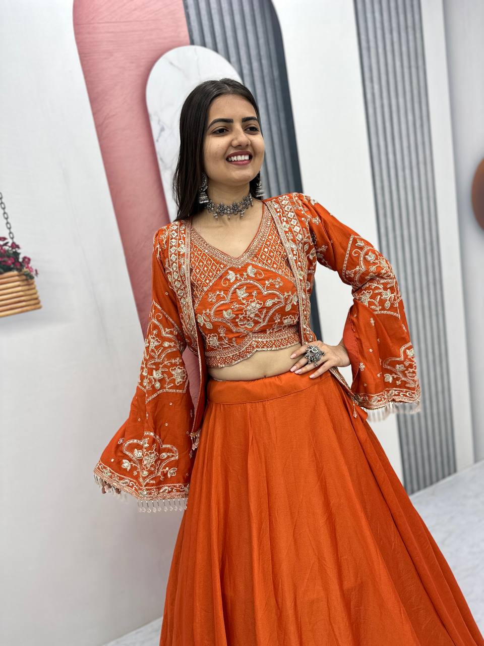 Designer Chinon Lehenga with Embroidered Blouse & Jacket – Big 6 Meter Flair