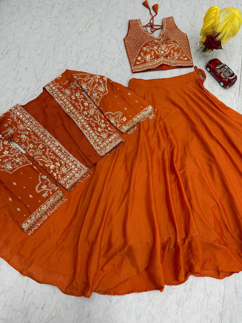 Designer Chinon Lehenga with Embroidered Blouse & Jacket – Big 6 Meter Flair