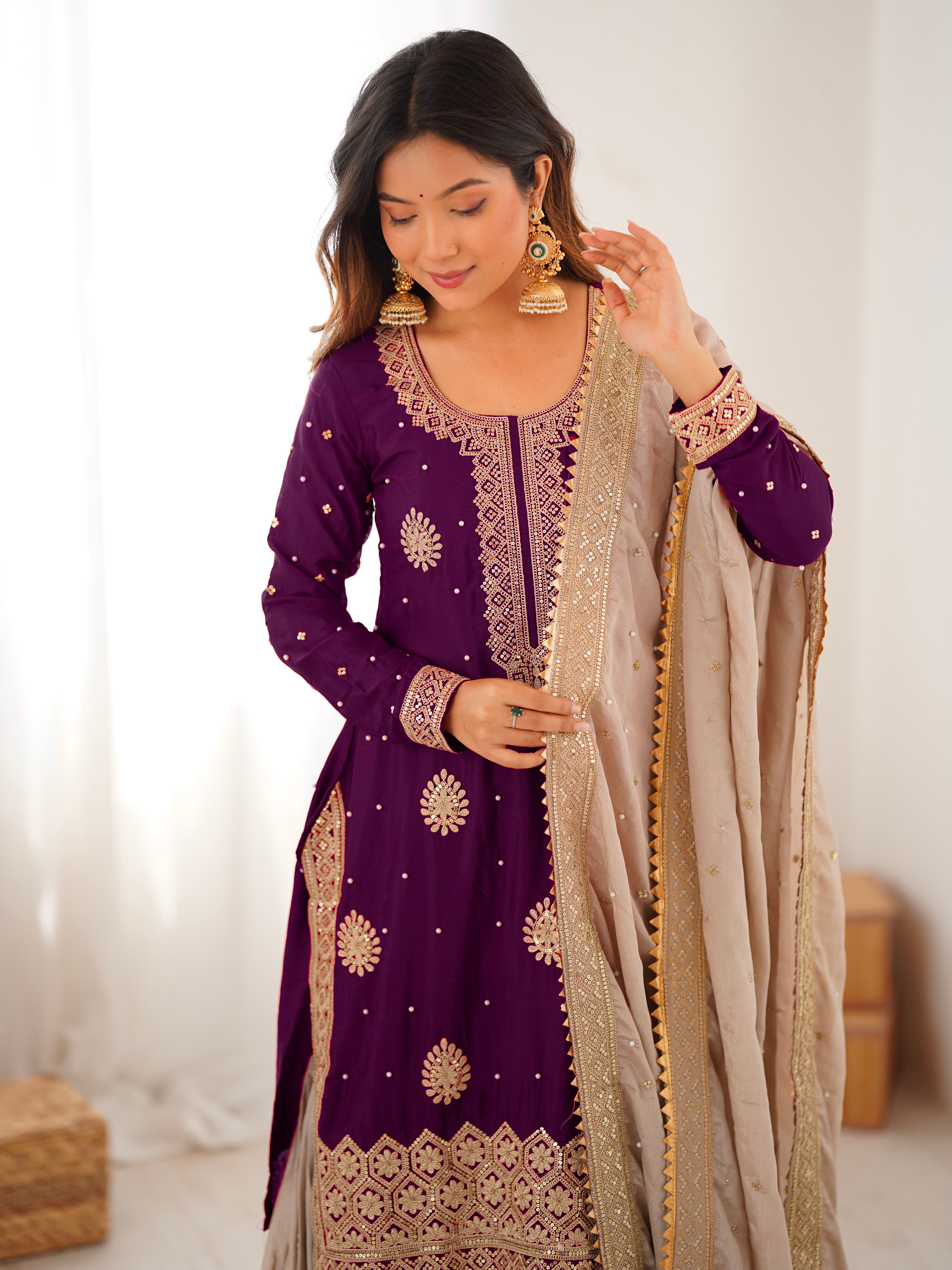Elegant Chinon Silk 3-Piece Sharara Set with Pearl & Sequence Embroideryl