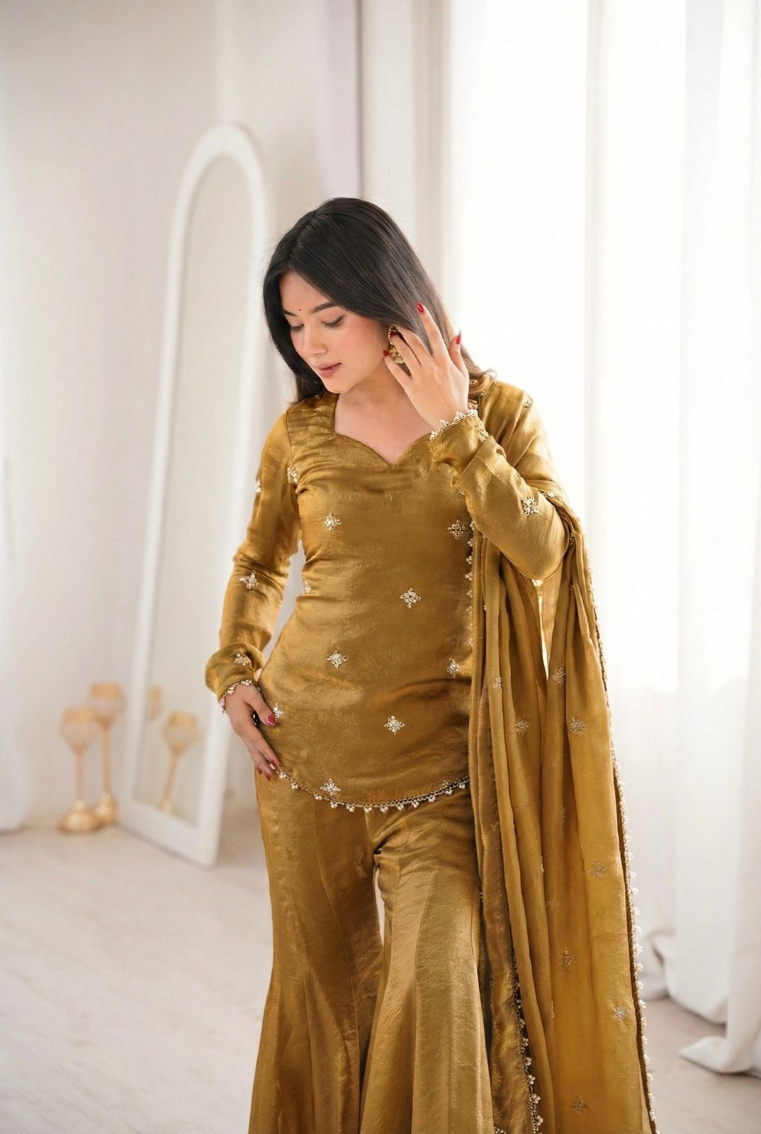 Designer Fendy Silk Top Sharara Palazzo Dupatta Set with Embroidery Sequence Work