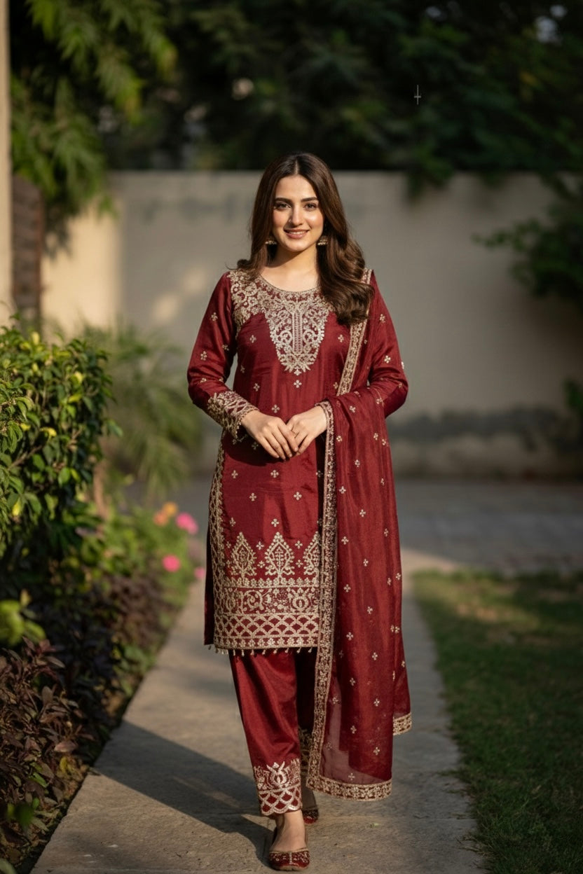Designer GMY Silk Top Bottom Dupatta Set with Heavy Embroidery Sequence Work
