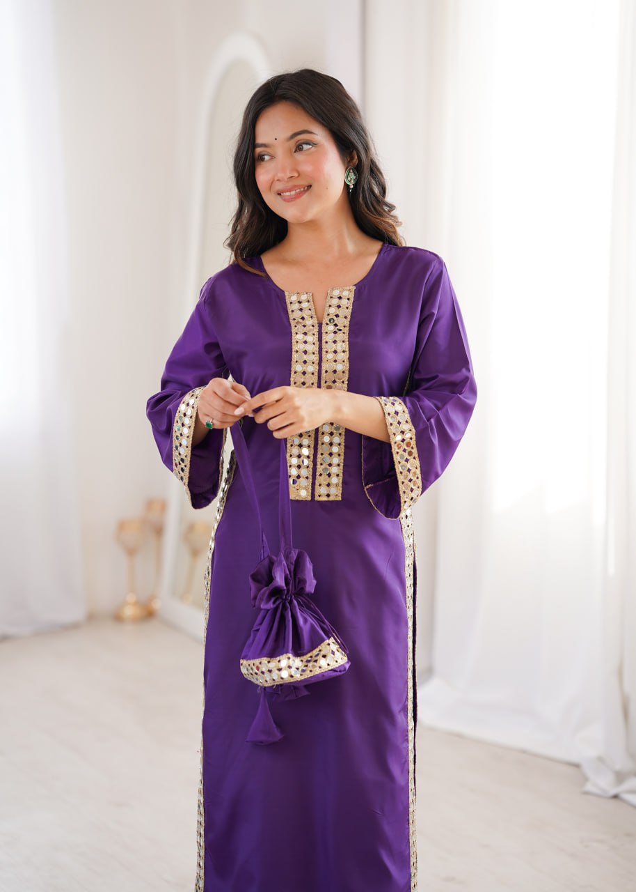 Premium Mirror Work Kurti Pant Set with Designer Batwa for Women