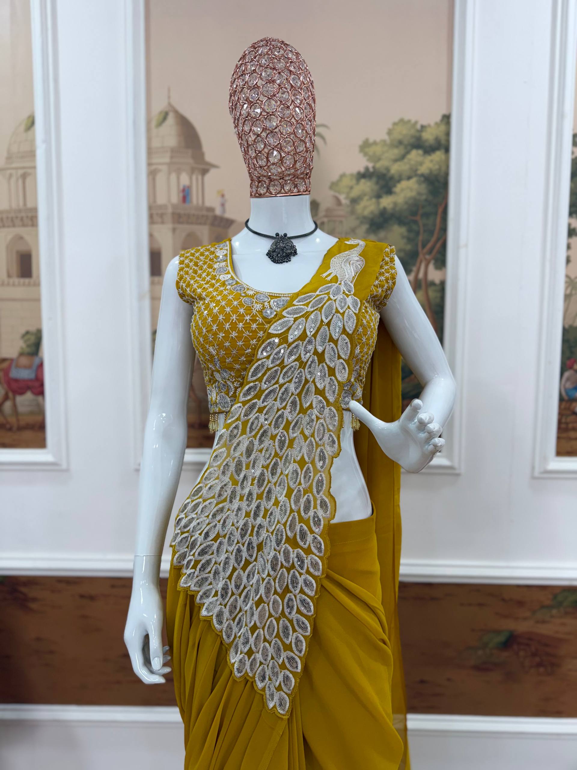 Premium Party Wear Drape Saree with Fully Stitched Embroidered Blouse