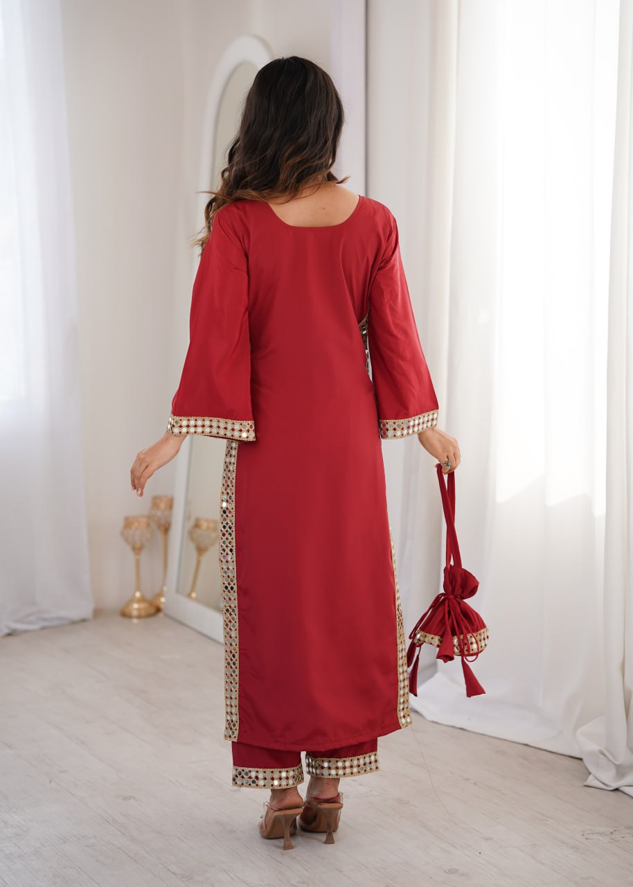 Premium Mirror Work Kurti Pant Set with Designer Batwa for Women