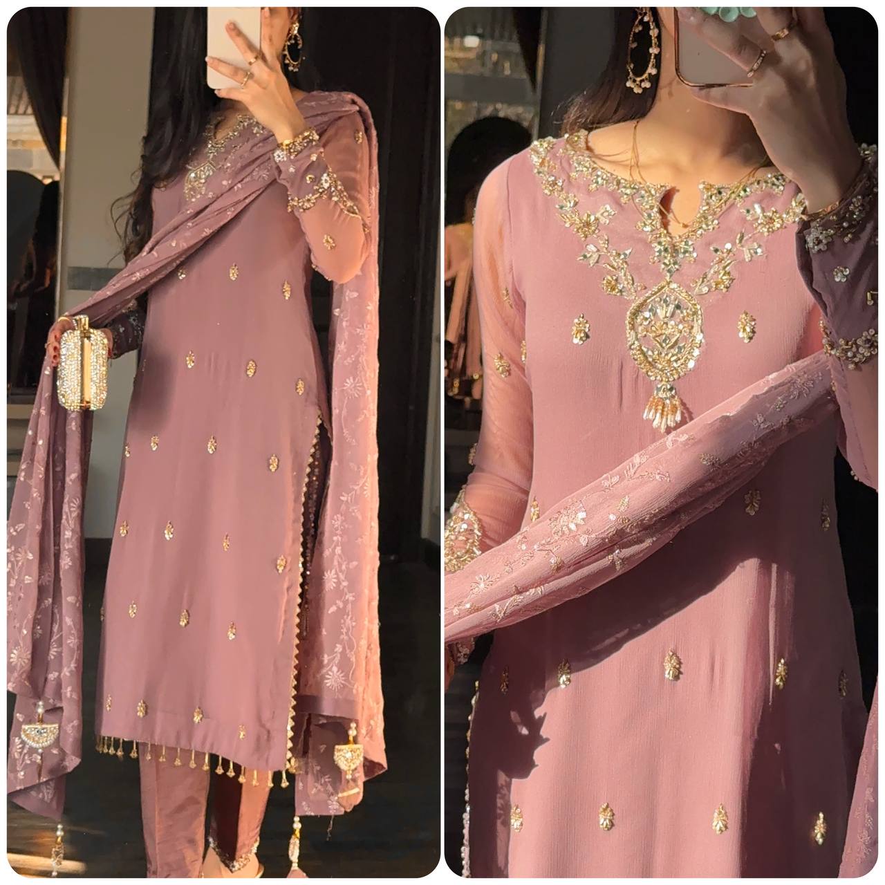 Elegant Heavy Embroidery Sequence Work Faux Georgette Top Pant Dupatta Set
