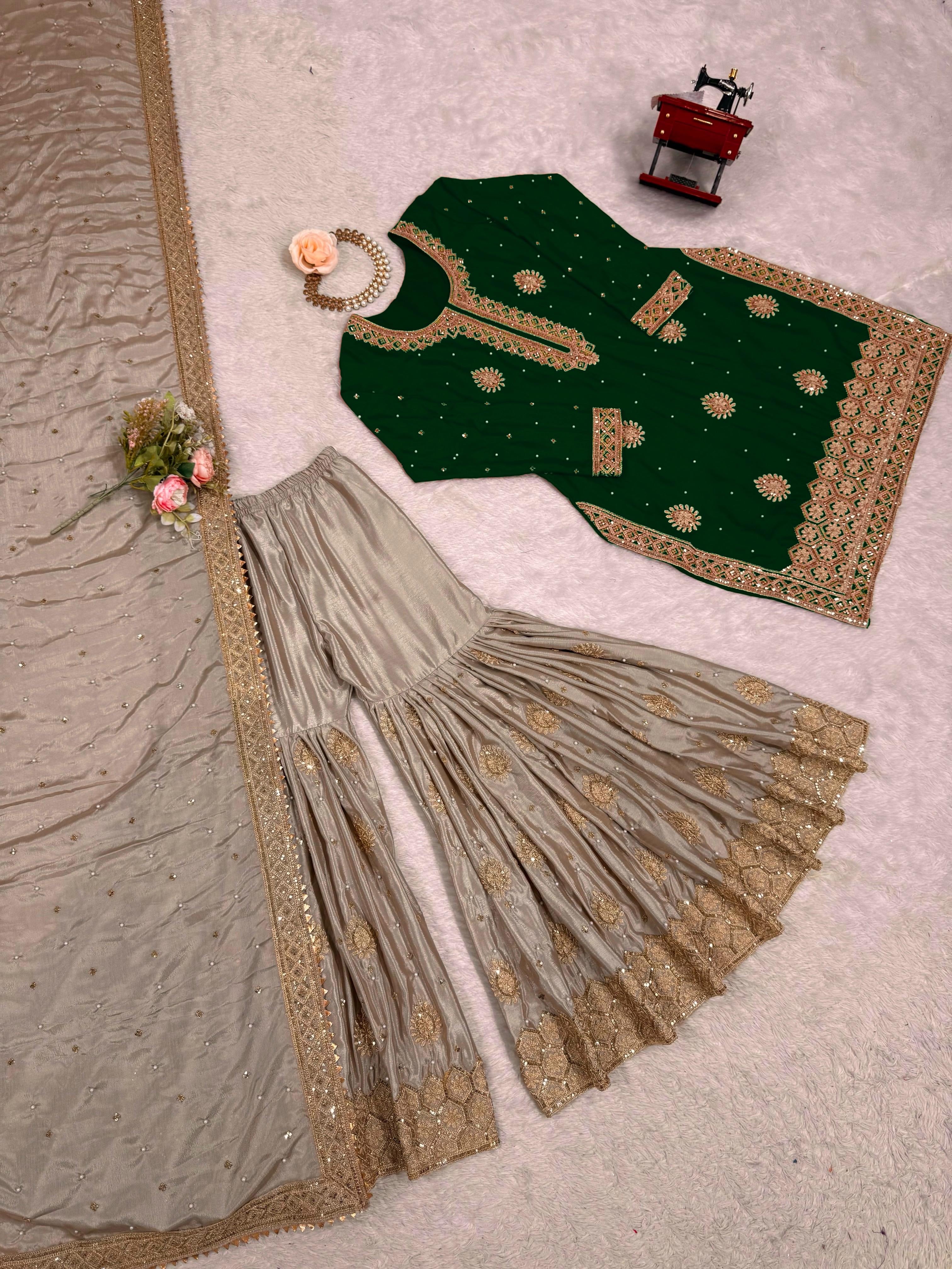 Elegant Chinon Silk 3-Piece Sharara Set with Pearl & Sequence Embroideryl