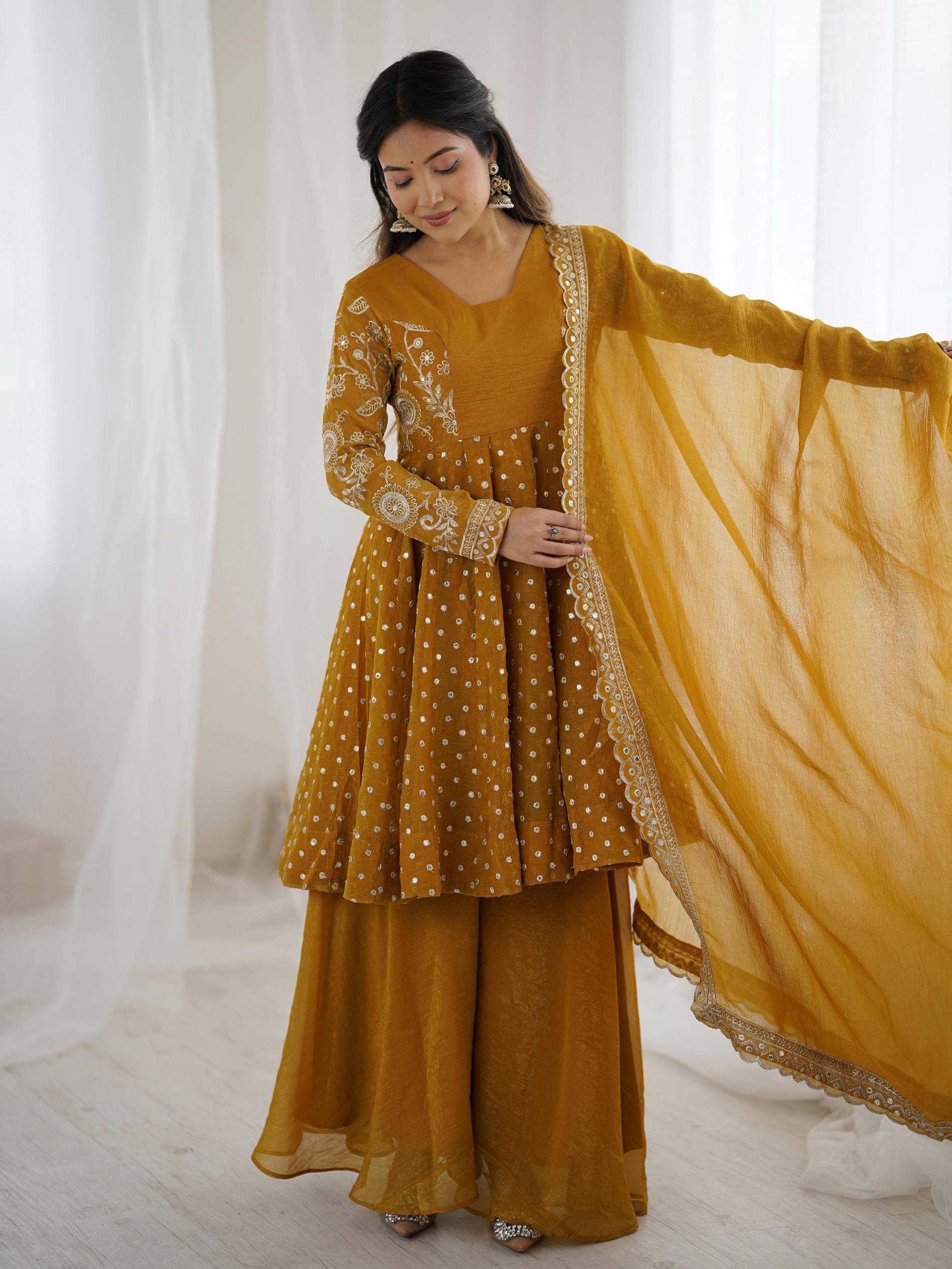 Designer Crunchy Silk Top Sharara Dupatta Set with Heavy Embroidery | Party & Wedding Wear Ethnic Outfit