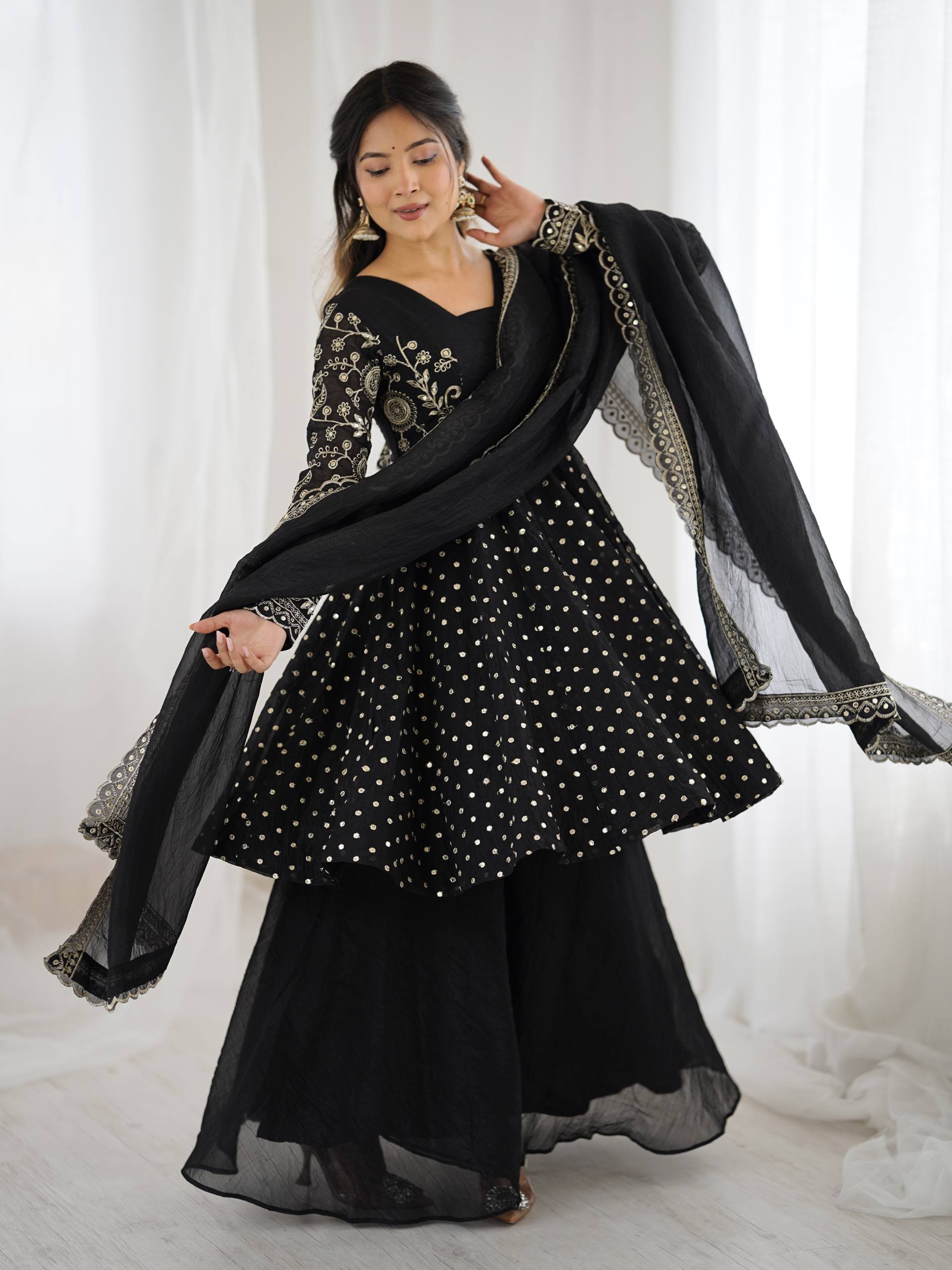 Designer Crunchy Silk Top Sharara Dupatta Set with Heavy Embroidery | Party & Wedding Wear Ethnic Outfit
