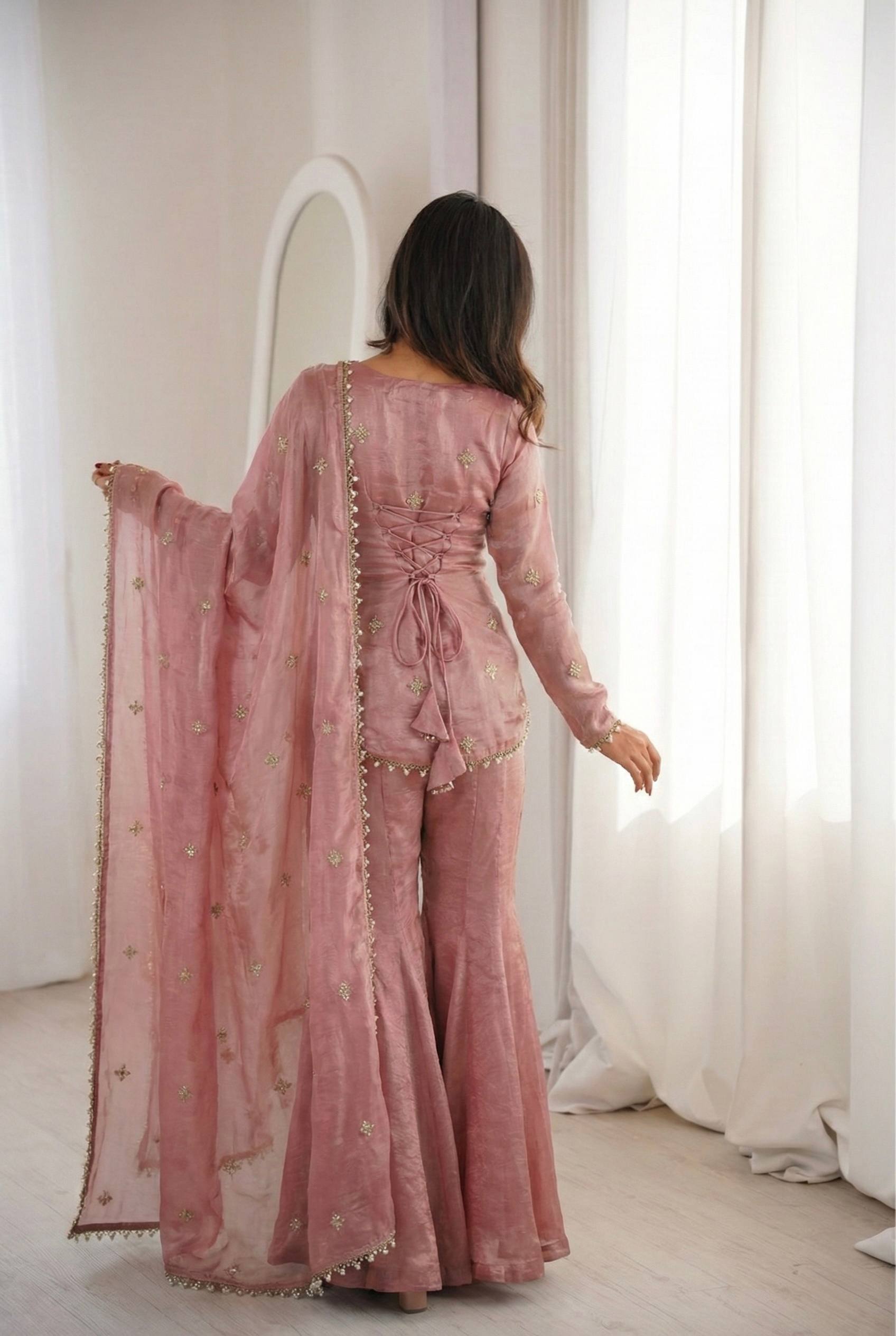 Designer Fendy Silk Top Sharara Palazzo Dupatta Set with Embroidery Sequence Work