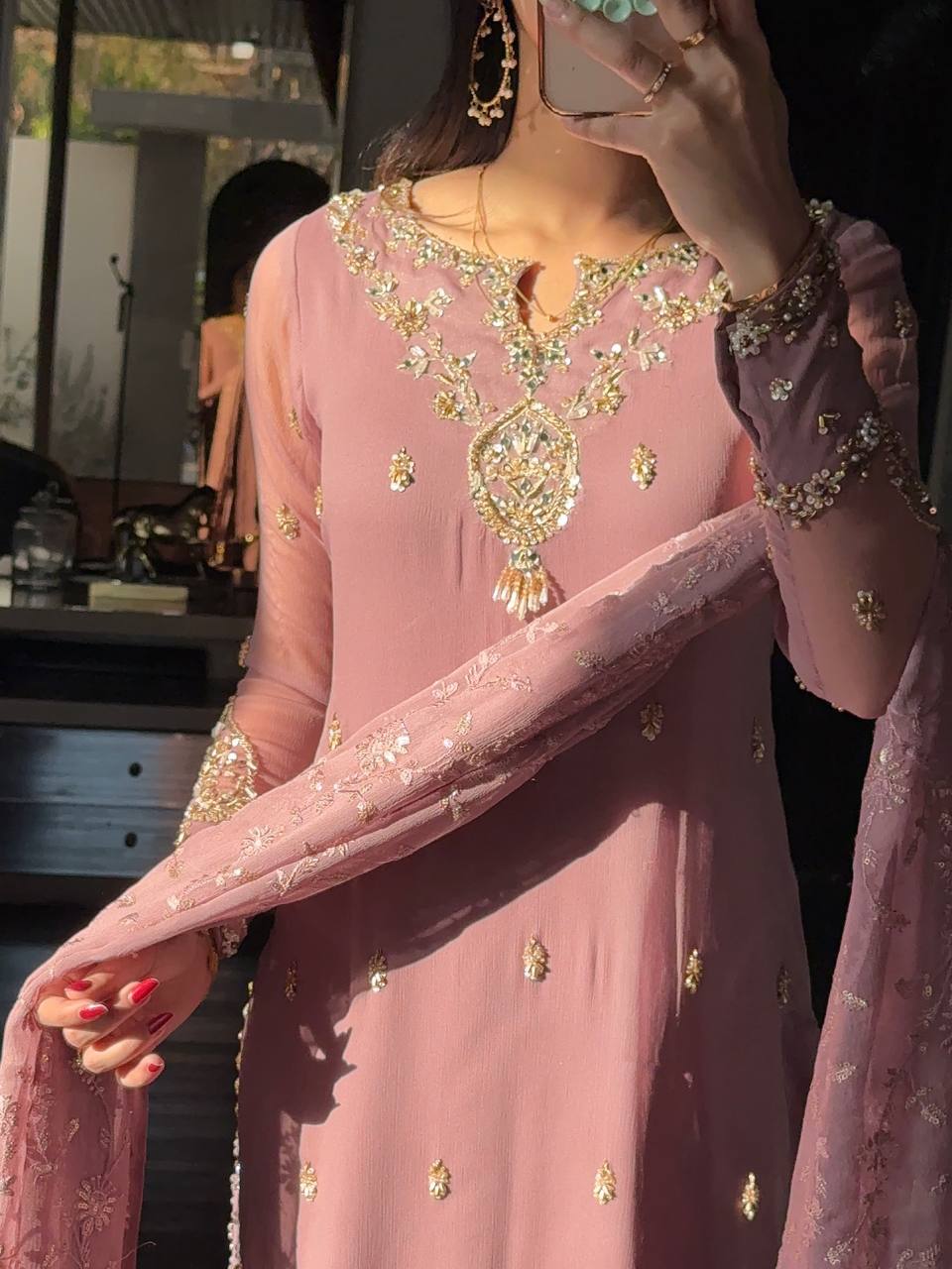 Elegant Heavy Embroidery Sequence Work Faux Georgette Top Pant Dupatta Set