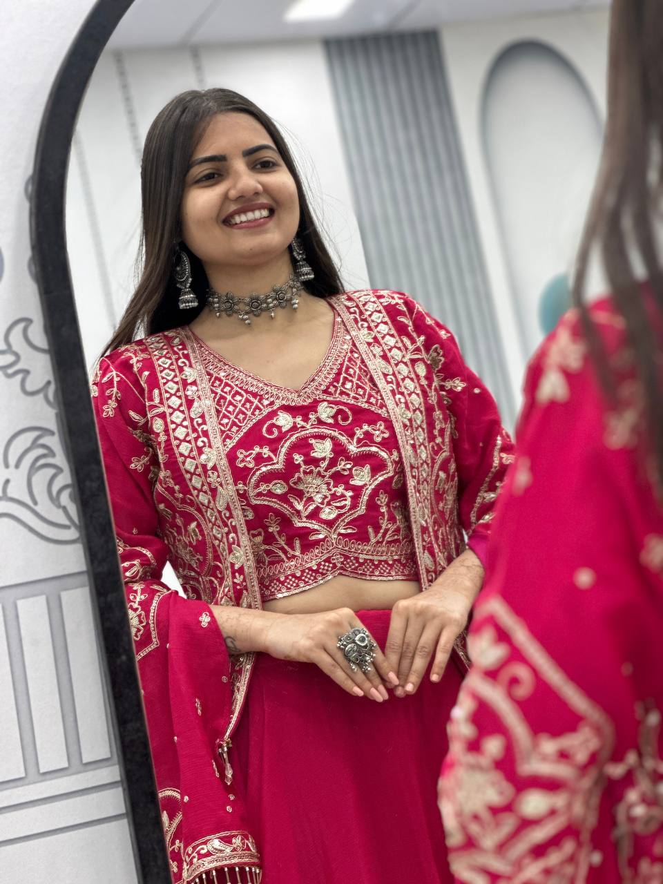 Designer Chinon Lehenga with Embroidered Blouse & Jacket – Big 6 Meter Flair