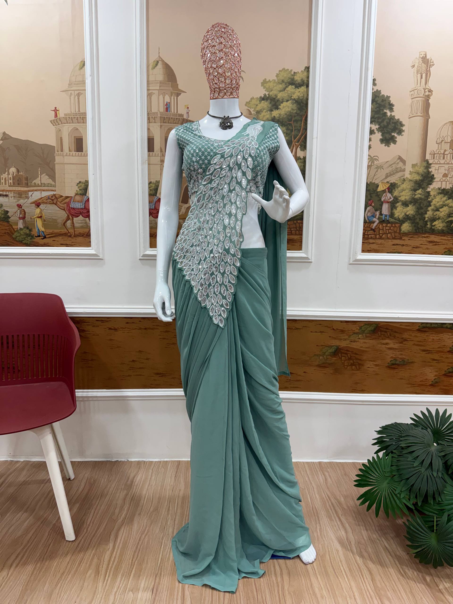Premium Party Wear Drape Saree with Fully Stitched Embroidered Blouse