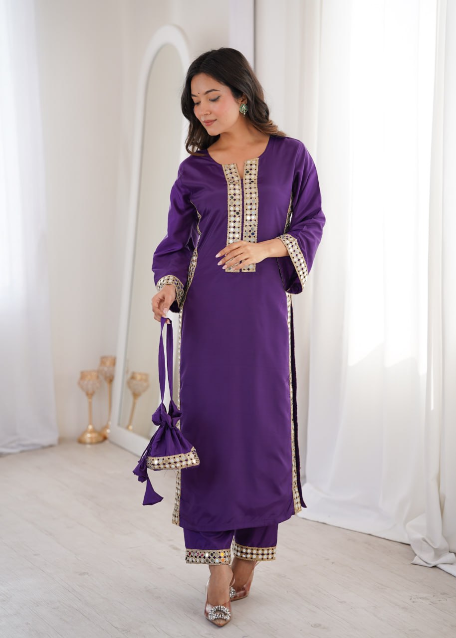 Premium Mirror Work Kurti Pant Set with Designer Batwa for Women