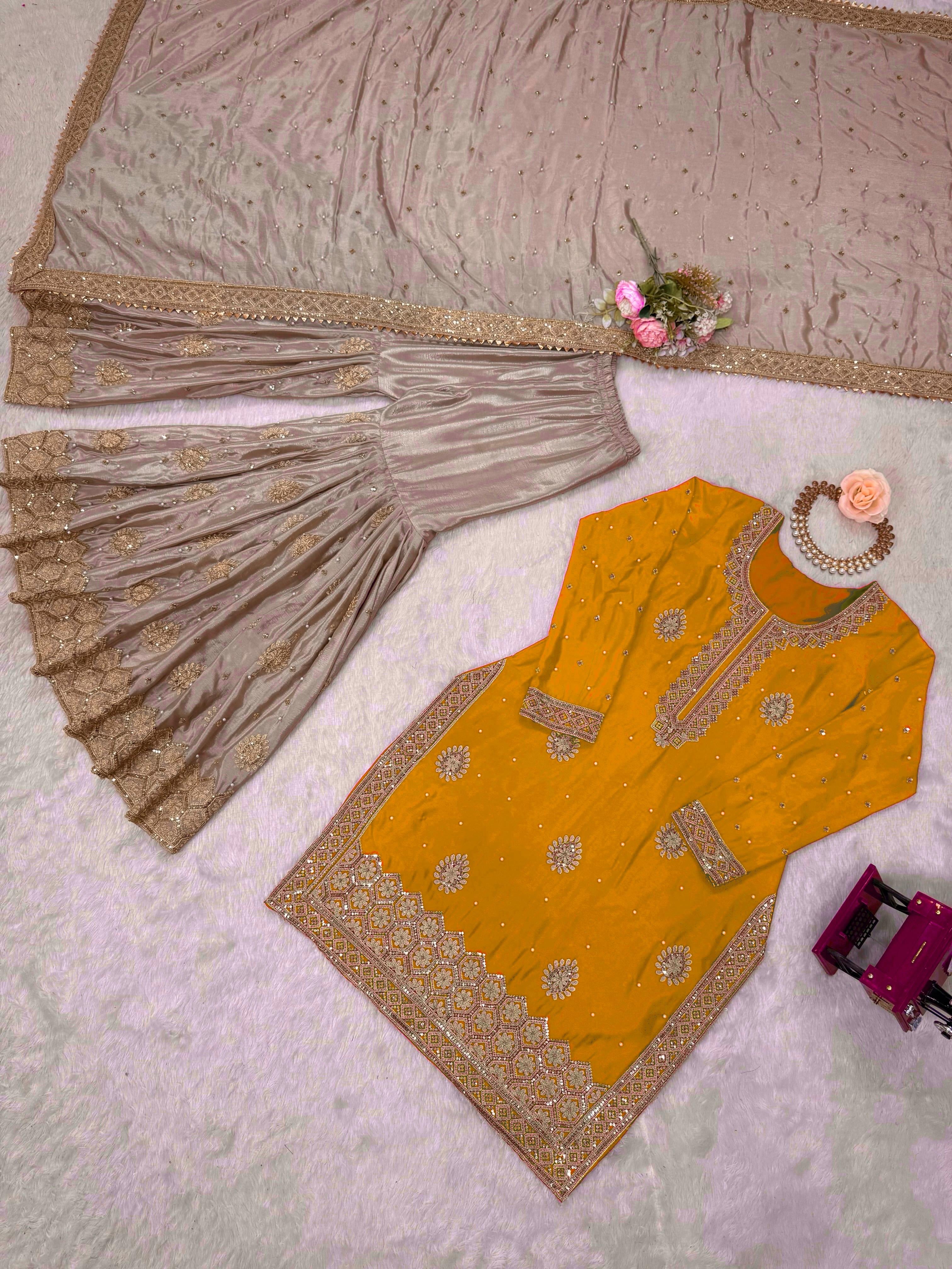 Elegant Chinon Silk 3-Piece Sharara Set with Pearl & Sequence Embroideryl