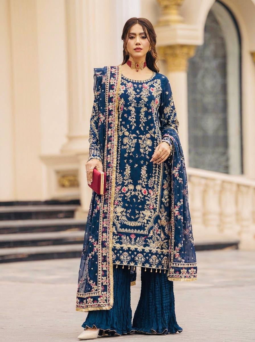 Heavy Embroidery Sequence Work Suit Set | Faux Georgette Kurta Palazzo Dupatta