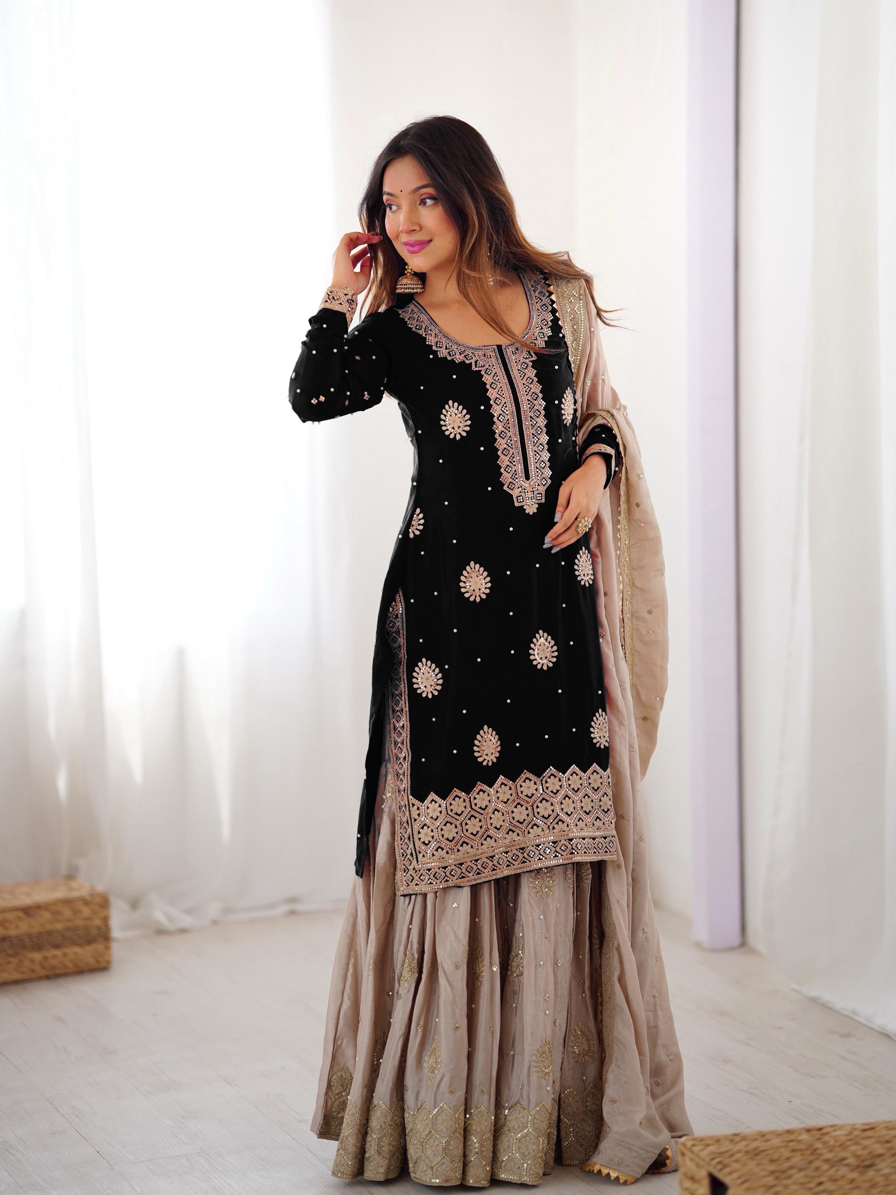 Elegant Chinon Silk 3-Piece Sharara Set with Pearl & Sequence Embroideryl